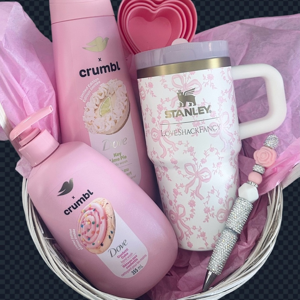 Stanley LoveShackFancy basket with Crumbl cookie dove products